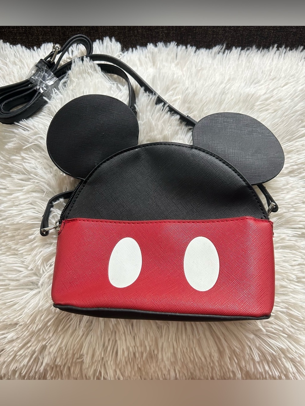 Disney Mickey Mouse Crossbody Purse Black Red Faux Leather Ears Bag.